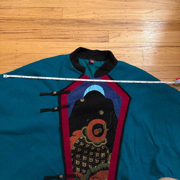 Vintage Blue Green Chinese Corduroy Embroidered Fish Sweater Jacket Sz M (apprx) - Picture 9 of 16